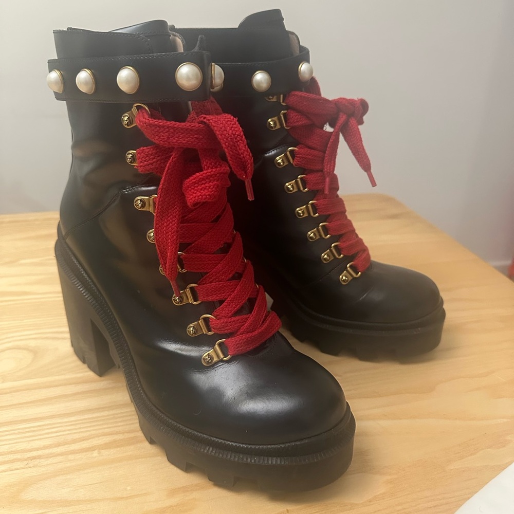 Gucci Calfskin Pearl Lace-Up Combat Boots